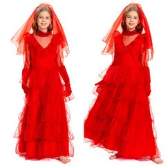 Kinder Mädchen Beetle Juice Lydia Kostüm rotes Hochzeitskleid Brautkostüm Cosplay Kostüm Outfits Halloween Karnevalskostüm