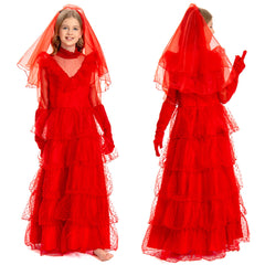 Kinder Mädchen Beetle Juice Lydia Kostüm rotes Hochzeitskleid Brautkostüm Cosplay Kostüm Outfits Halloween Karnevalskostüm