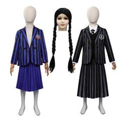Kinder Mädchen Kostüm Mittwoch Addams in blauer Schuluniform Halloween Cosplay Outfit mit Rock