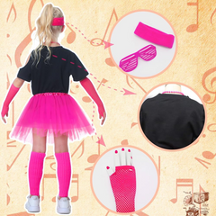 Kinder Mädchen 9Stück 80s Kostüm Set T-Shirt Tutu Fancy Outfits 1980s Party Kleid Faschingkostüm