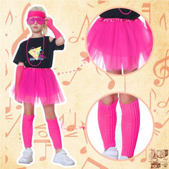 Kinder Mädchen 9Stück 80s Kostüm Set T-Shirt Tutu Fancy Outfits 1980s Party Kleid Faschingkostüm