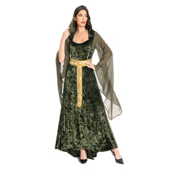 Damen Mittelalter Kleid mit Kapuze Halloween Karneval Cosplay Kleid