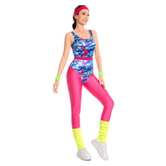 80er Jahre Erwachsene Damen gedruckte Jumpsuit Jogginganzug Kostüm 6.tlg rosa