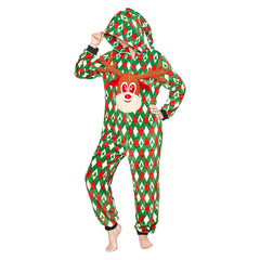 Grüner Einteiler Pyjama für Erwachsene, Flannel Elch Motiv