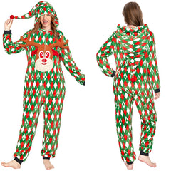 Grüner Einteiler Pyjama für Erwachsene, Flannel Elch Motiv