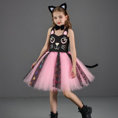 Kinder Mädchen Katze tutu Kleid schwarz weiß Cosplay Kostüm Halloween Karneval Party Anzug
