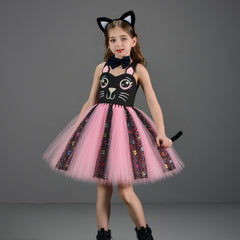 Kinder Mädchen Katze tutu Kleid schwarz weiß Cosplay Kostüm Halloween Karneval Party Anzug