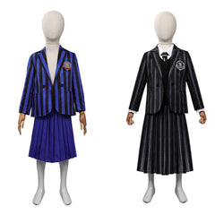 Kinder Mädchen Kostüm Mittwoch Addams in blauer Schuluniform Halloween Cosplay Outfit mit Rock