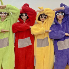 Erwachsene unsex Winter Pyjama Cartoon Teletubbies, verdicktes Korallenfleece Overall, warmer Hausanzug Nachthemd
