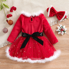 Kinder Mädchen Weihnachtskleid Mädchen Raw Edge Langarm Star Mesh Kleid Prinzessin Kleid