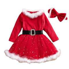 Kinder Mädchen Weihnachtskleid Mädchen Raw Edge Langarm Star Mesh Kleid Prinzessin Kleid