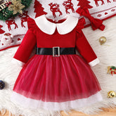 2024 Kinder Mädchen Weihnachten Kleid Puppe Kragen langärmelige Kinder Mesh Prinzessin Rock