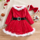 Kinder Mädchen Weihnachtskleid Mädchen Raw Edge Langarm Star Mesh Kleid Prinzessin Kleid
