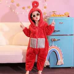 Kinder Teletubbies Cartoon Winter-Overall-Pyjama, extra verdicktes Korallenfleece, weiches warmes Hauskleid für Zuhause