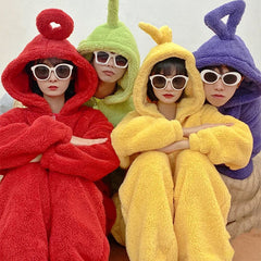 Erwachsene unsex Winter Pyjama Cartoon Teletubbies, verdicktes Korallenfleece Overall, warmer Hausanzug Nachthemd