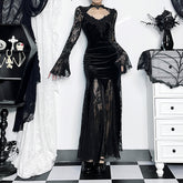 Damen Gothic Kleid Sexy Schlank Halloween Tief Spitze Fischschwanz Langarmkleider