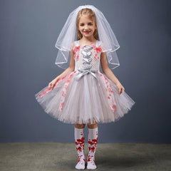 Zombie Braut Kostüm Mädchen – Halloween Tüllkleid mit Blut-Optik, Geisterbraut Tutu Kleid für Kinder