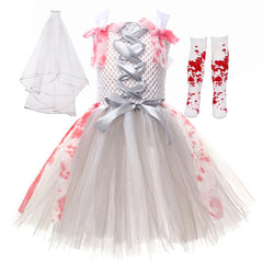 Zombie Braut Kostüm Mädchen – Halloween Tüllkleid mit Blut-Optik, Geisterbraut Tutu Kleid für Kinder