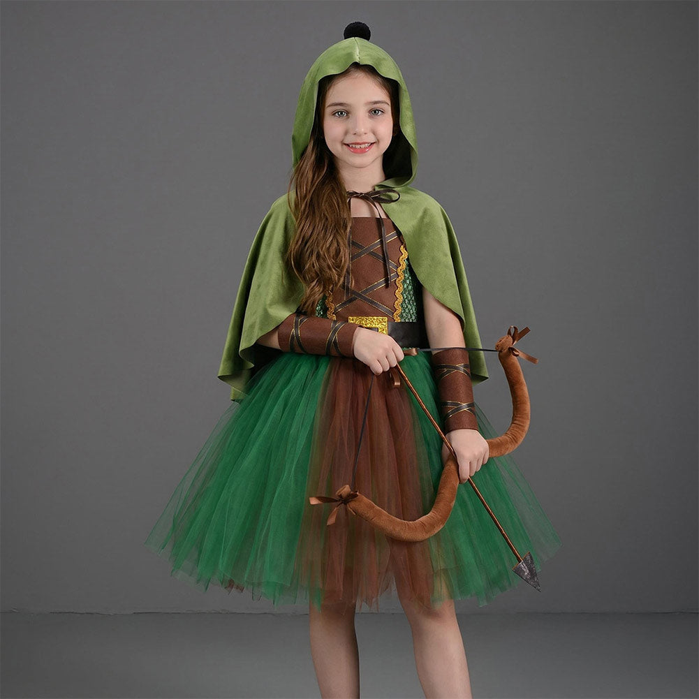 Kinder Mädchen Bogenschützin Kleid Kostüm für Halloween, Karneval oder Party – mittelalterlicher Waldjäger-Cosplay-Anzug