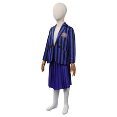 Kinder Mädchen Kostüm Mittwoch Addams in blauer Schuluniform Halloween Cosplay Outfit mit Rock