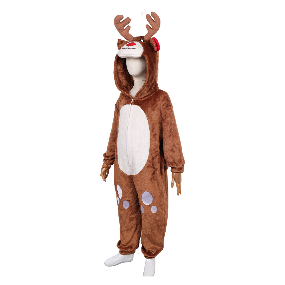 Kinder Tier Einteiliger Renntier Anzug Hirsch Weihnachten Halloween Kostüm Karnevalskostüm Braunes Hirschkostüm