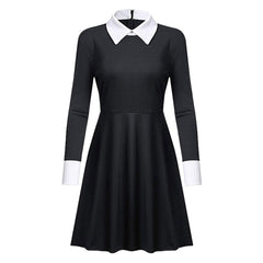 The Addams Family Mittwoch Damen schwarz Kleid Cosplay Kostüm Halloween Karneval Langarm Kleid