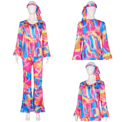 Damen Hippie Disco Cosplay Kostüm Oberteil Hose Stirnband Outfits Halloween Karneval Verkleidung Party