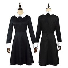 The Addams Family Mittwoch Damen schwarz Kleid Cosplay Kostüm Halloween Karneval Langarm Kleid