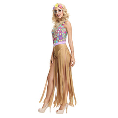 Damen 70S Mittelalter Hippie Spaghetti Straps Quasten Pailletten Fransen Flapper Kleid Tanzkleidung