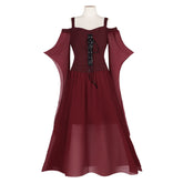 Damen Halloween Weinrot Hexe Cosplay Solid Vintage Flare Ärmel Kleid Kostüm Outfits