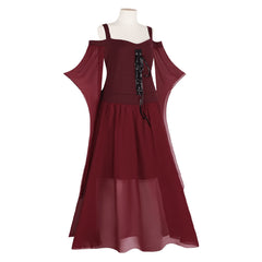 Damen Halloween Weinrot Hexe Cosplay Solid Vintage Flare Ärmel Kleid Kostüm Outfits