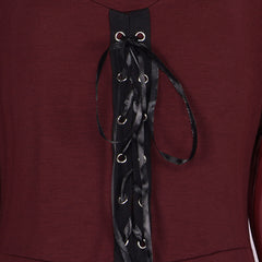 Damen Halloween Weinrot Hexe Cosplay Solid Vintage Flare Ärmel Kleid Kostüm Outfits