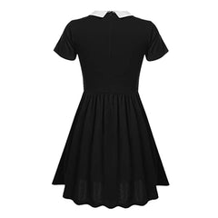 The Addams Family Mittwoch Damen Kleid Cosplay Kostüm Schwarz Halloween Karneval Kurzarm Kleid