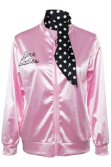 Damen Pink Lady Jacke Retro Halloween 50er Jahre Kostüm Rock Roll Lady mit Schal