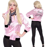 Damen Pink Lady Jacke Retro Halloween 50er Jahre Kostüm Rock Roll Lady mit Schal
