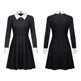 The Addams Family Mittwoch Damen schwarz Kleid Cosplay Kostüm Halloween Karneval Langarm Kleid