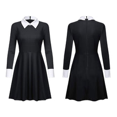 The Addams Family Mittwoch Damen schwarz Kleid Cosplay Kostüm Halloween Karneval Langarm Kleid