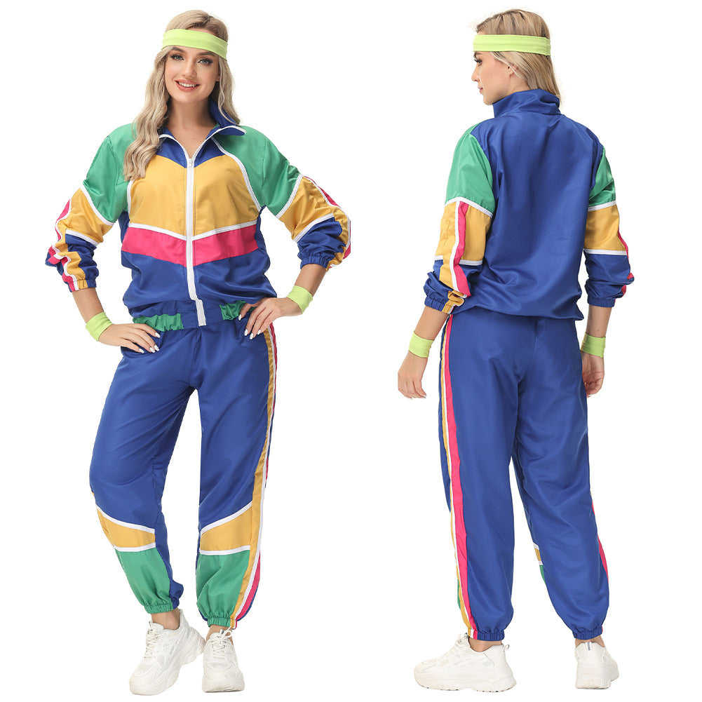 Damen Retro Vintage Hip-Hop Disco Cosplay Kostüm Jacke Hose Stirnband Sprotwear Outfits 70er 80er Jahre