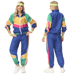 Damen Retro Vintage Hip-Hop Disco Cosplay Kostüm Jacke Hose Stirnband Sprotwear Outfits 70er 80er Jahre