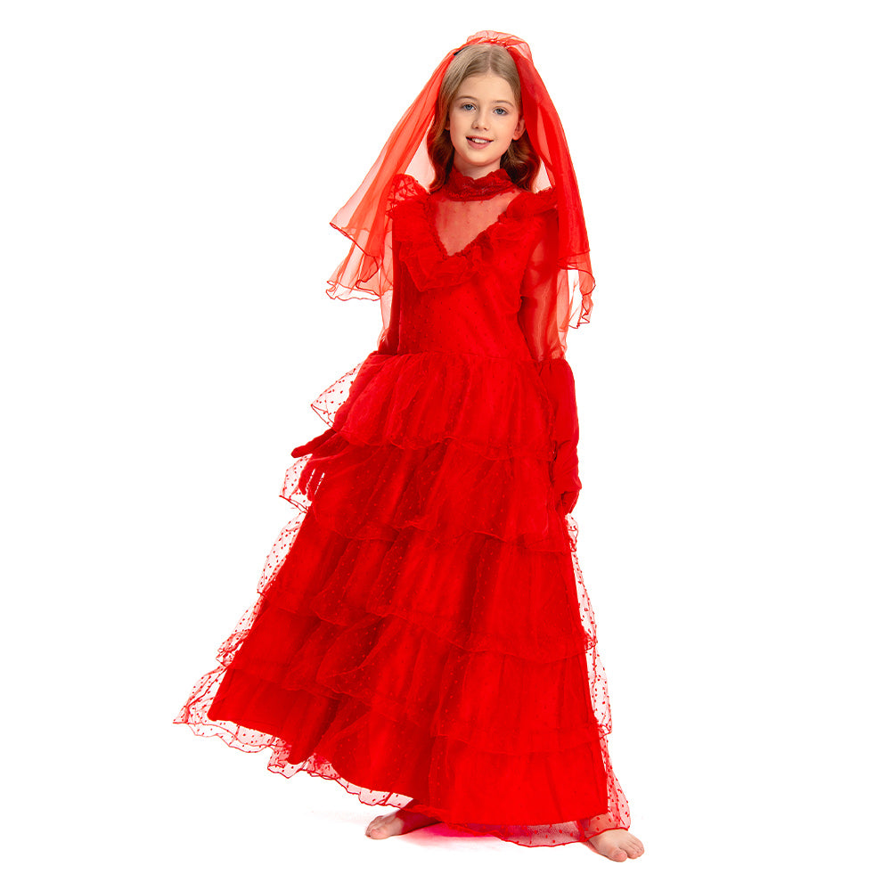 Kinder Mädchen Beetle Juice Lydia Kostüm rotes Hochzeitskleid Brautkostüm Cosplay Kostüm Outfits Halloween Karnevalskostüm