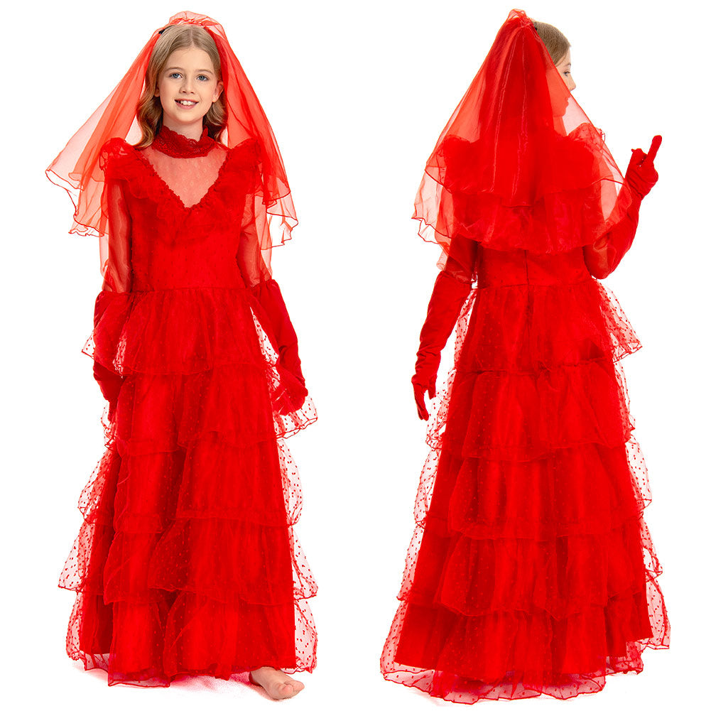 Kinder Mädchen Beetle Juice Lydia Kostüm rotes Hochzeitskleid Brautkostüm Cosplay Kostüm Outfits Halloween Karnevalskostüm