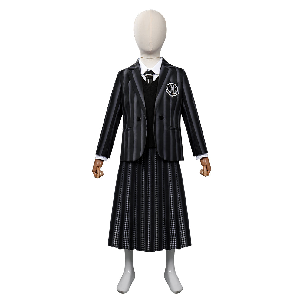 Kinder Mädchen Kostüm Mittwoch Addams in blauer Schuluniform Halloween Cosplay Outfit mit Rock