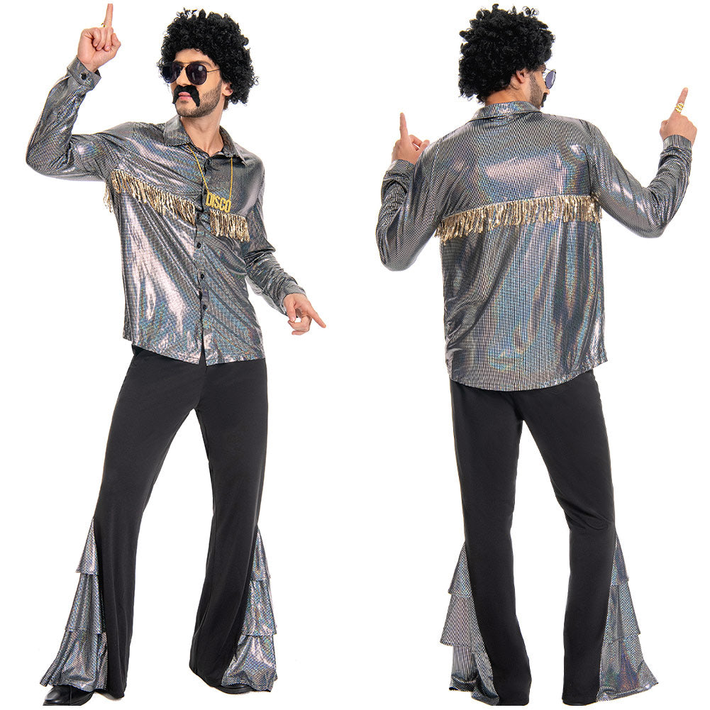 Herren Disco 70er Cosplay Kostüm Outfits Halloween Karneval Anzug glänzend