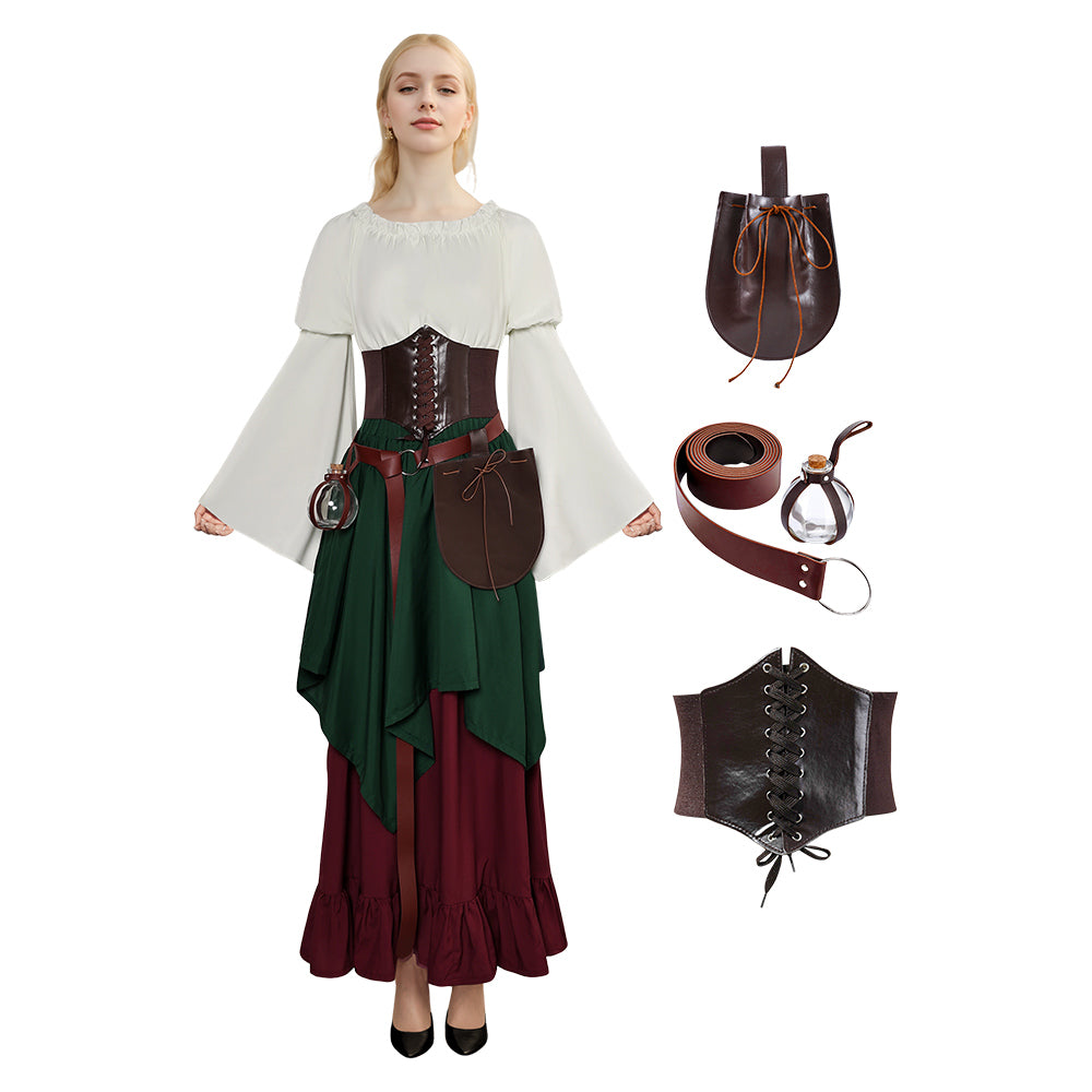 Damen Mittelalter Cosplay Kostüm Outfits Halloween Karneval Anzug Mittelalterkleid