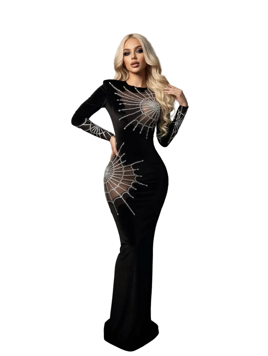 Damen Schwarze Samt-Langkleid mit Spinnweben-Muster, Strass-Besatz und Cut-Outs, Elegantes Party-Kleid für Fest Abendveranstaltung