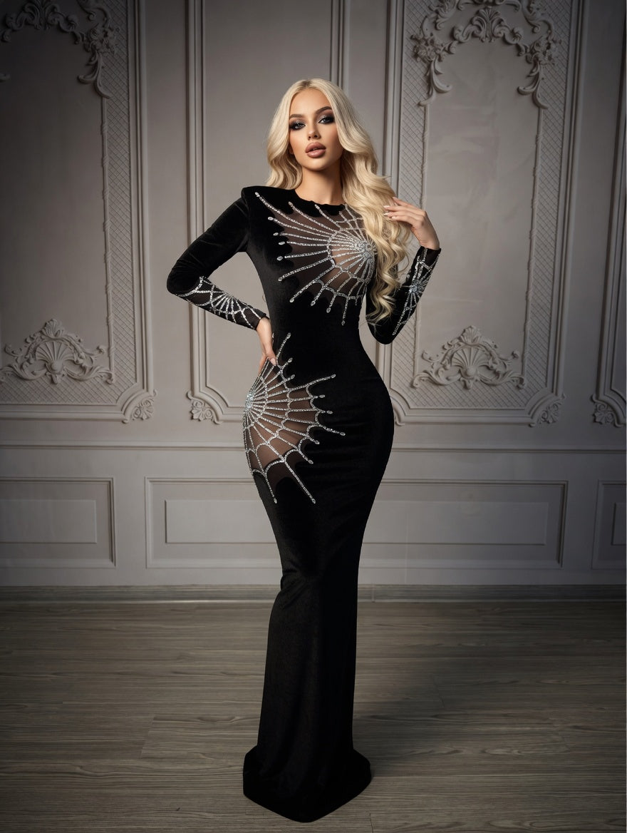 Damen Schwarze Samt-Langkleid mit Spinnweben-Muster, Strass-Besatz und Cut-Outs, Elegantes Party-Kleid für Fest Abendveranstaltung