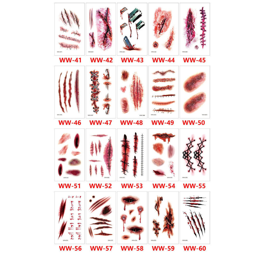20 Blatt Halloween Narben Tattoos – Realistische Blutig Wunde, Fake Nähte & Blutadern Aufkleber für Gesicht | Zombie, Vampir & Horror Make-up für Erwachsene