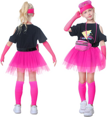 Kinder Mädchen 9Stück 80s Kostüm Set T-Shirt Tutu Fancy Outfits 1980s Party Kleid Faschingkostüm