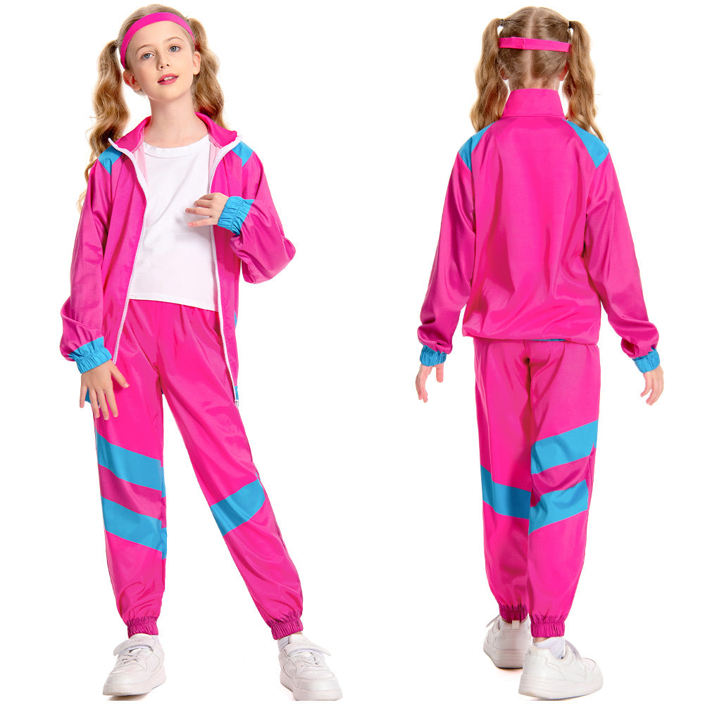 Kinder Bühnenkostüm Rosa Retro Tanzkleidung Sportbekleidung Set Outfits Halloween Karneval Anzug