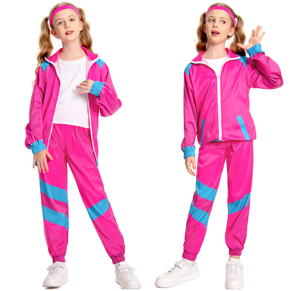 Kinder Bühnenkostüm Rosa Retro Tanzkleidung Sportbekleidung Set Outfits Halloween Karneval Anzug